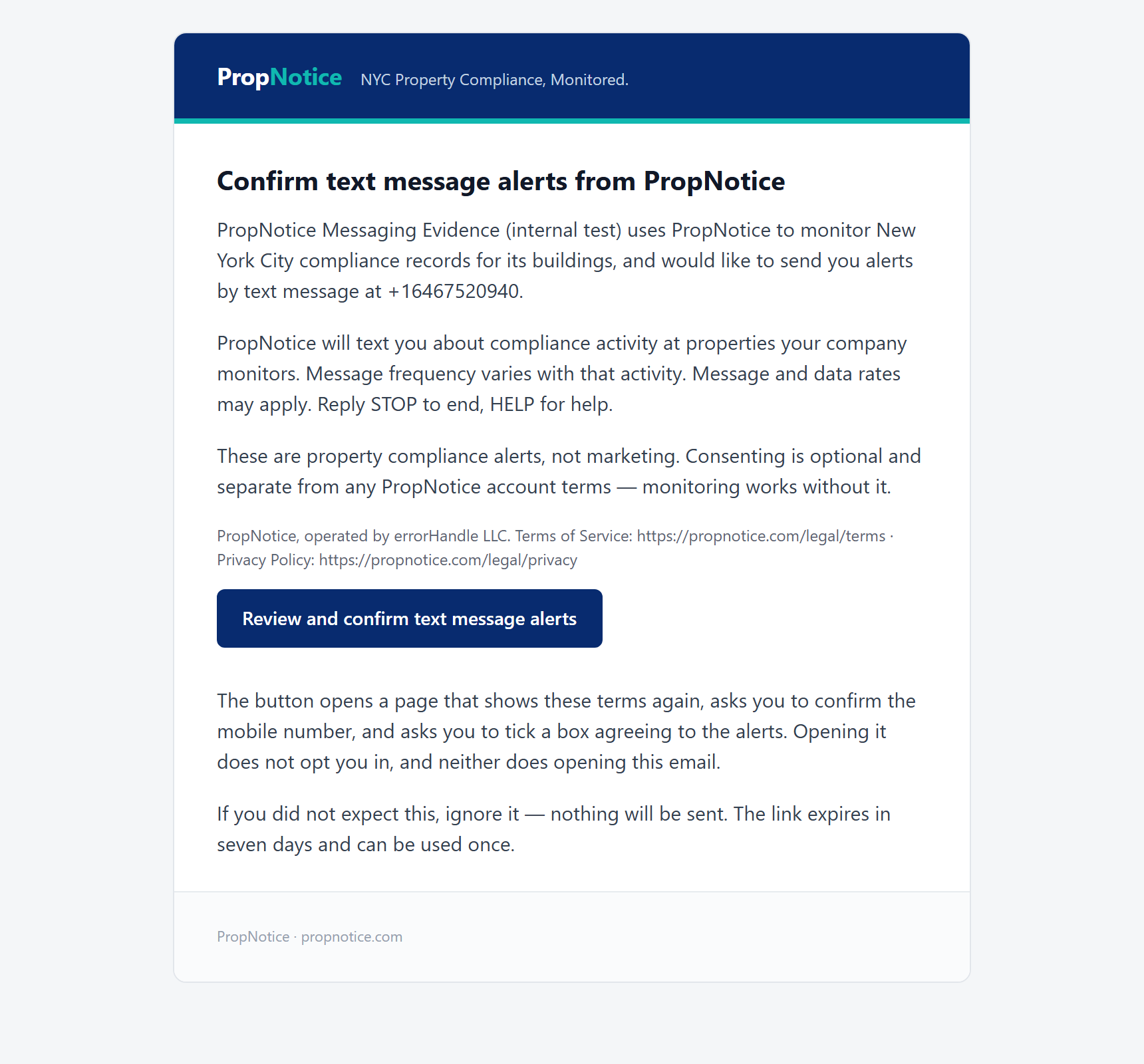 The PropNotice consent invitation email, showing the disclosure, the operator name, links to the Terms of Service and Privacy Policy, and a button to review and confirm.