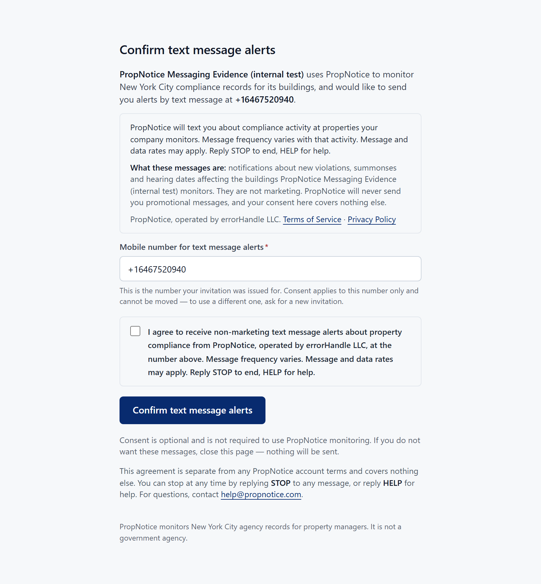 The PropNotice consent page as it first loads, showing the organisation name, the destination number, the messaging disclosure, operator identity with Terms and Privacy links, a labelled mobile number field holding the invited number, and an unticked agreement checkbox.