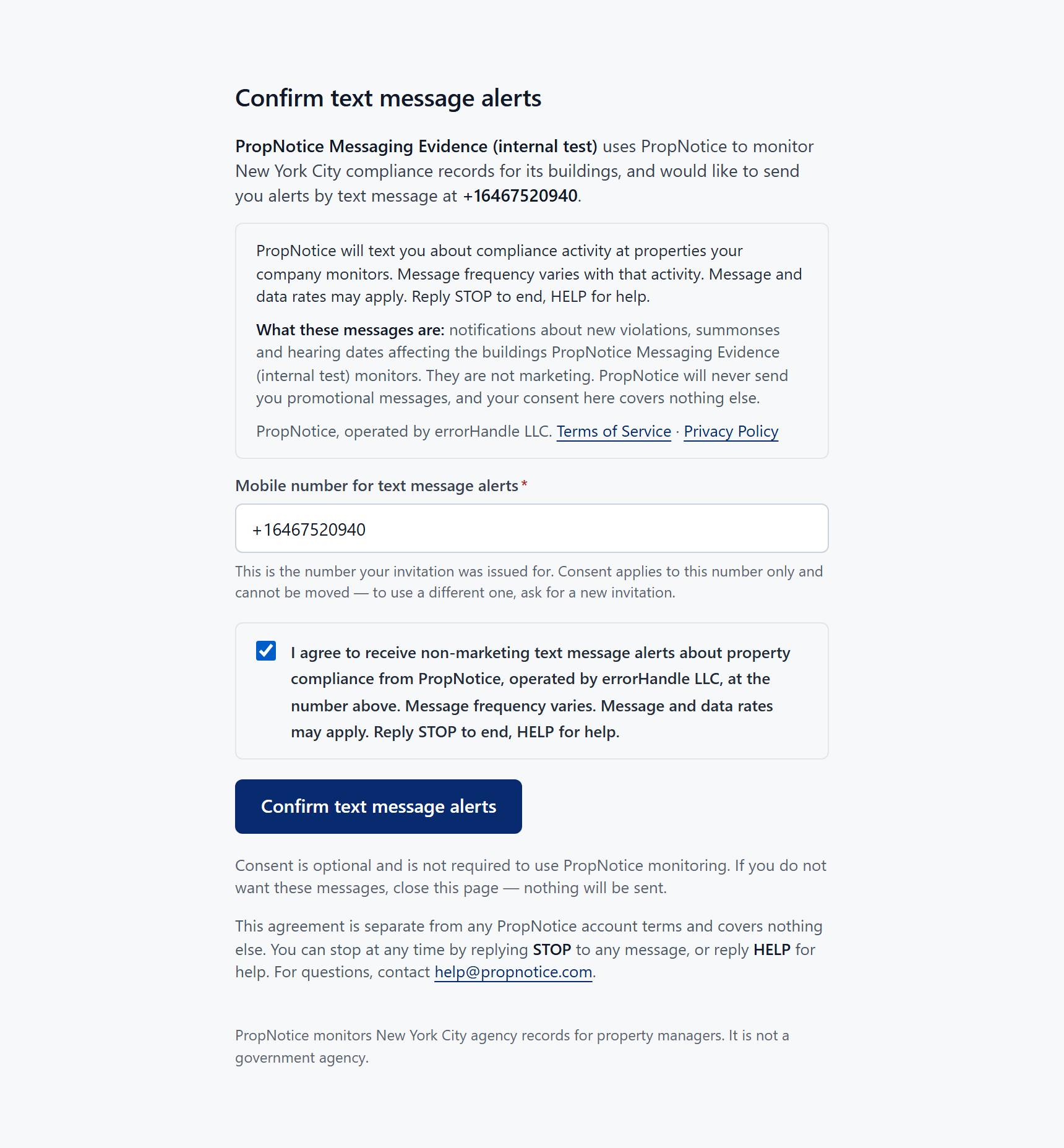 The same PropNotice consent page with the agreement checkbox now ticked, showing the full agreement wording and the confirm button.
